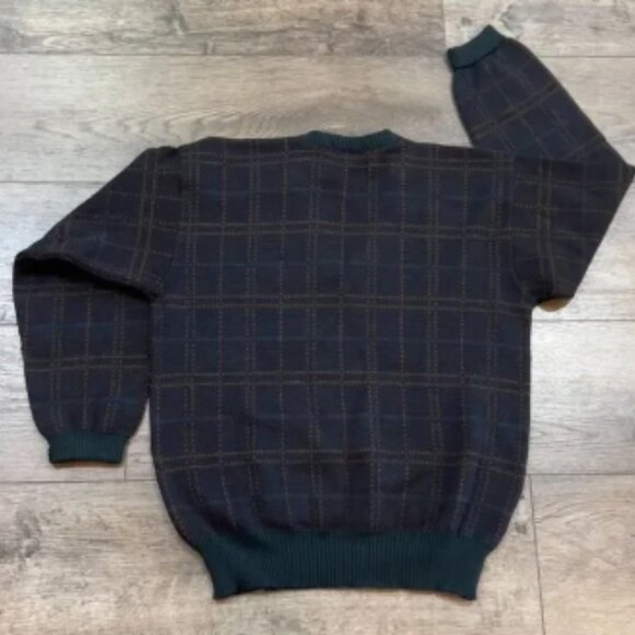 Vintage 1970s Plaid Pure Wool V Neck Sweater - Men's Size Medium - Picture 4 of 6